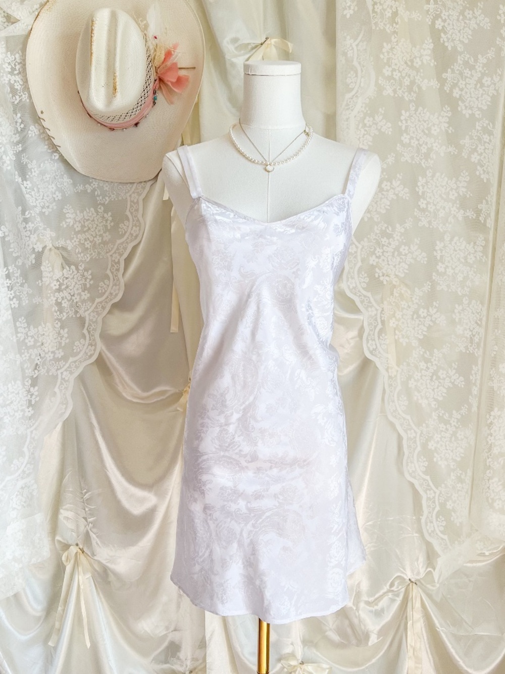 Vintage White Jacquard Satin Slip Dress